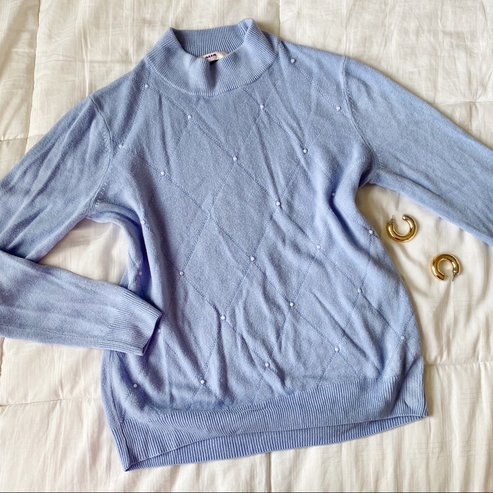 Vintage Turtleneck Knit Sweater Pearl Details